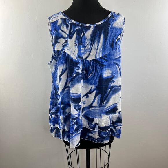 Piazza Del Tempio White Blue Tiered Top Linen Abstract Print Scoop Neck Size XL - Picture 8 of 12